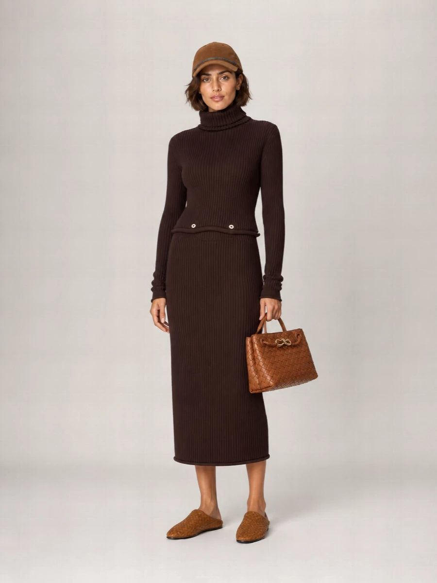 A deep chocolate ribbed midi dress pairs with the tobacco suede cap to create a tonal, columned silhouette that feels calm, assured and quietly luxurious. Flat woven loafers keep the mood relaxed but refined, while the caramel woven bucket bag adds just enough texture to break up the browns. Choosing the dress route over separates lets the cap read as a considered accent rather than competing with tailoring seams and volumes.