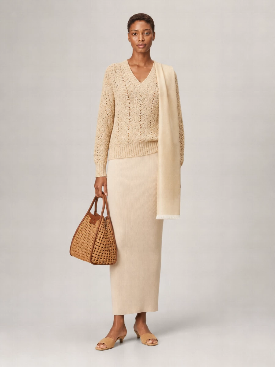S Max Mara Cotton Chevron-Knit Sequin V-Neck Long-Sleeve Sweater