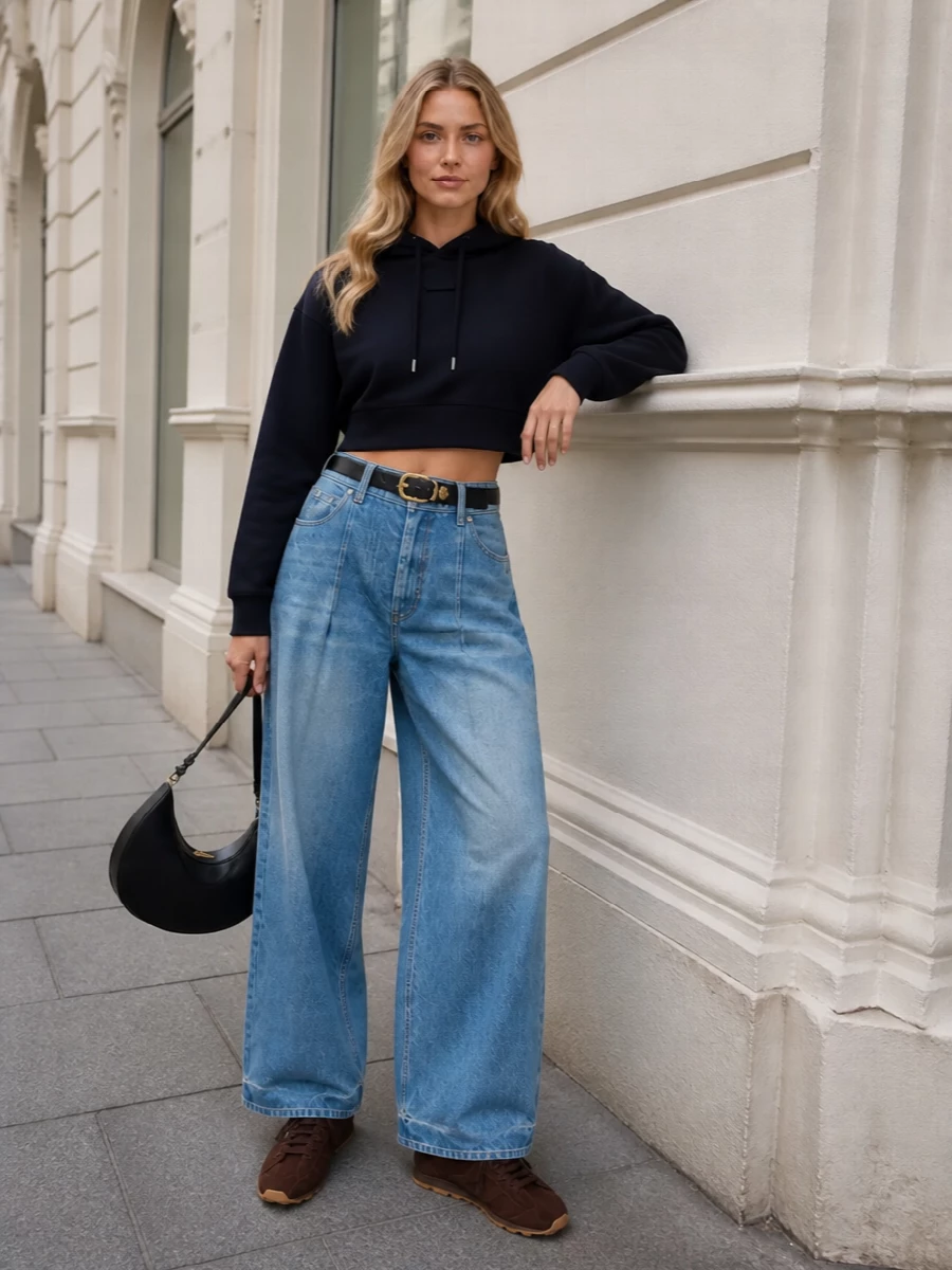 Jacquemus cropped hoodie wide leg jeans outfit