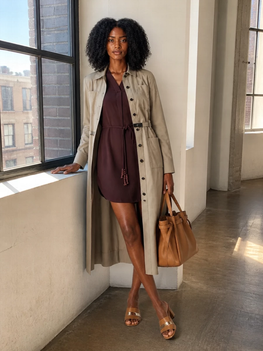 Tory burch trench dress outfit tan sandals