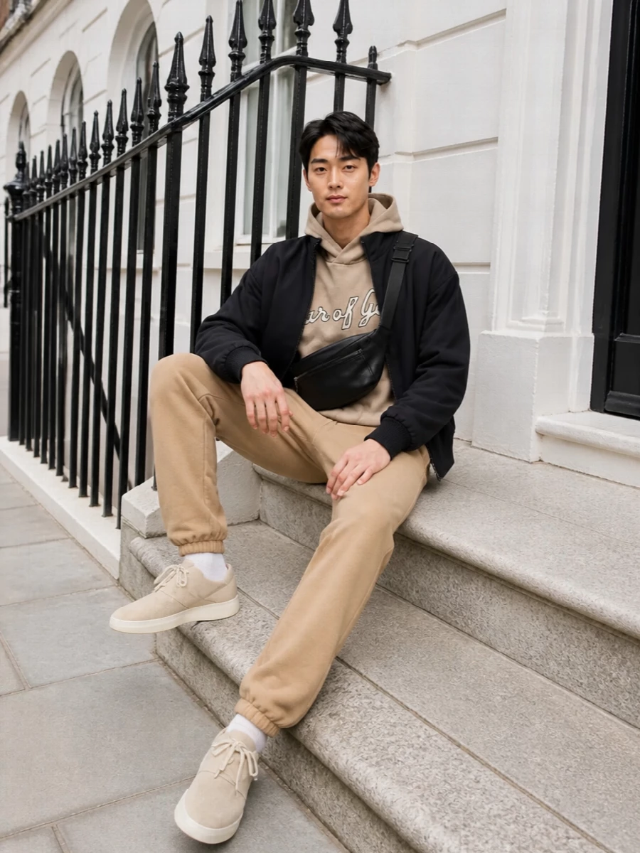 Fear of god bomber camel joggers sand sneakers