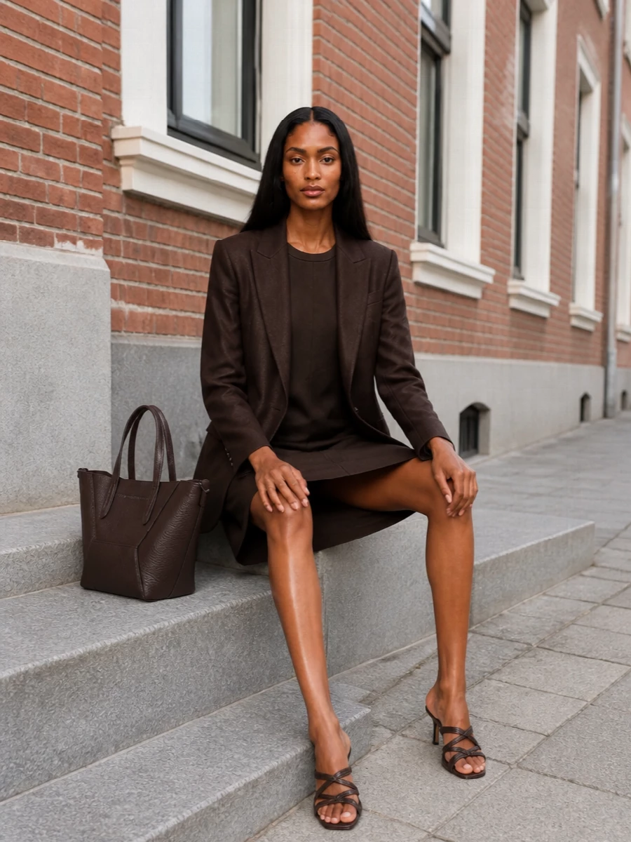 Brunello cucinelli brown blazer shift dress outfit