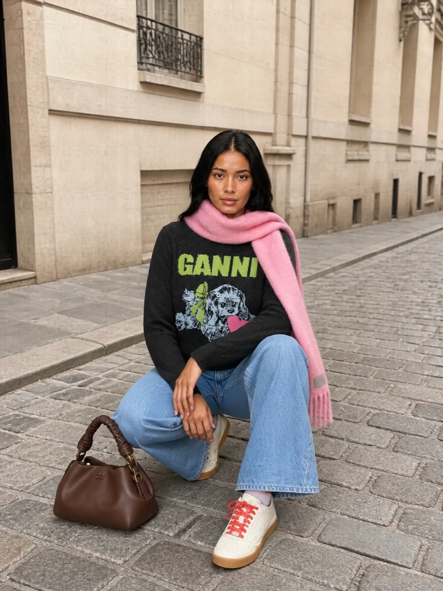 Playful Ganni graphics sit on top of clean, wide-leg light denim for an easy, street-led take on off-duty dressing. Cream sneakers and a sculpted chocolate tote keep the energy relaxed but considered, while the bubblegum scarf quietly echoes the knit’s neon pop for a pulled-together finish.