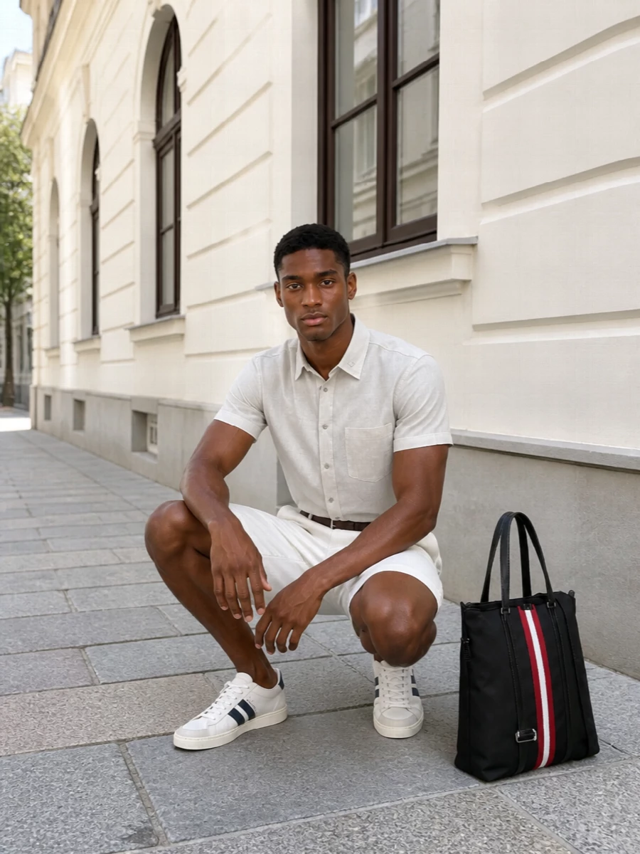 Diesel chino shorts beige shirt bally sneakers