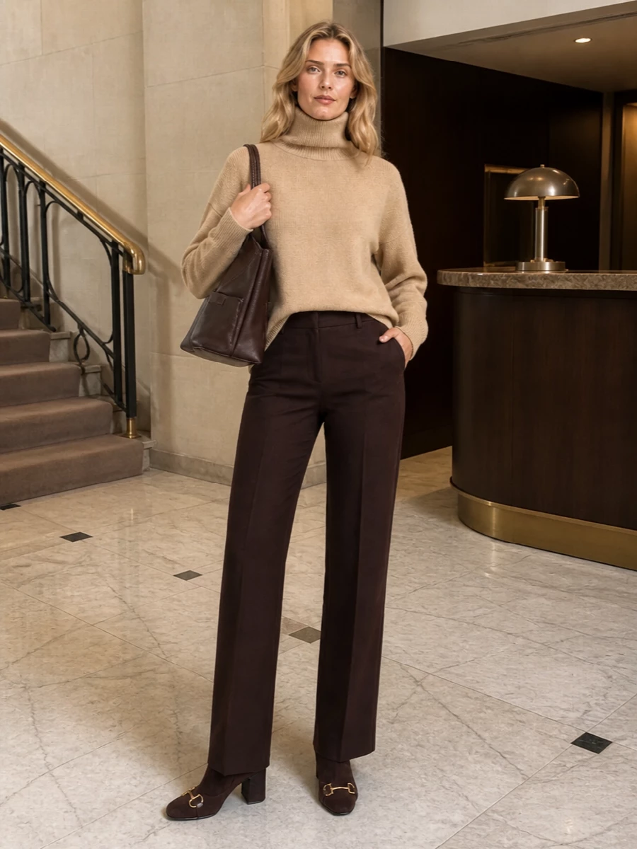 Camel, chocolate and espresso sit in a tight, tonal palette that makes the sculptural tote feel like part of a deliberate city uniform rather than an add-on. The oversized turtleneck and long, straight trouser balance volume and length, relaxed on top and clean through the leg, for a silhouette that reads modern but not try-hard. Choosing separates over a dress keeps it firmly in everyday territory, ready for office, gallery or travel with a single bag and boots carrying the line.