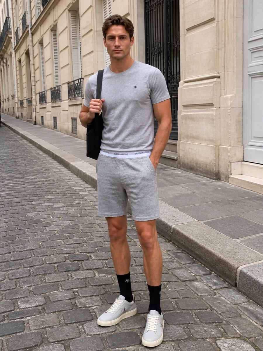 Calvin klein grey tee outfit dsquared2 shorts