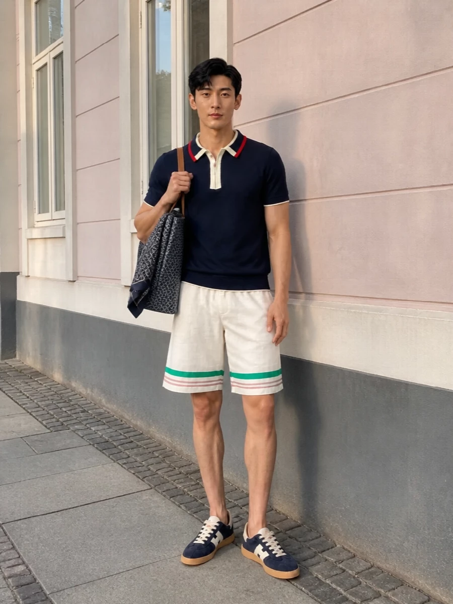 Casablanca knit polo ivory deck shorts outfit