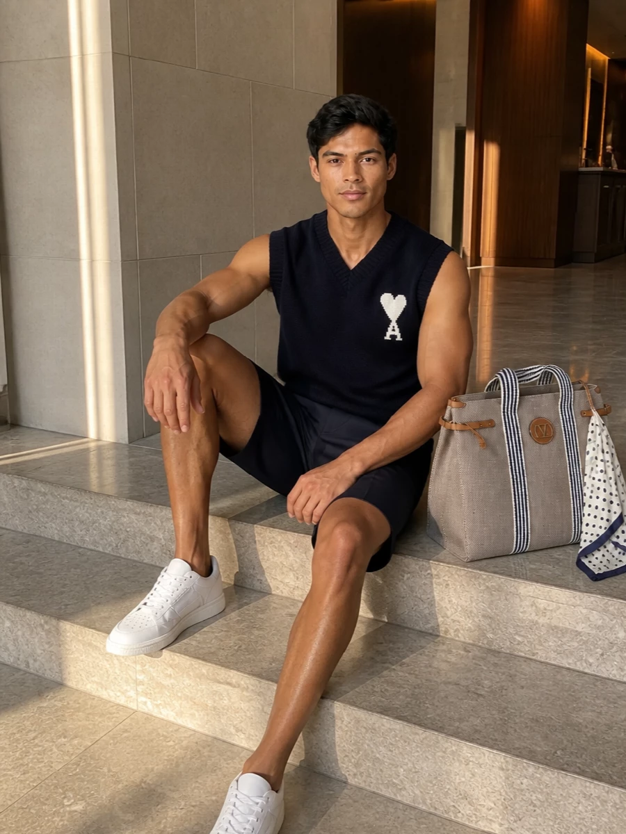 Navy on navy keeps this knit vest and tailored short combination crisp, with the pleated knee-length cut giving structure that feels relaxed rather than stiff. Clean white sneakers and a structured canvas tote introduce lightness and texture, keeping the palette tight while still reading fresh for warm city days. A small cream-and-navy scarf adds an optional note of polish without disturbing the minimalist ease.