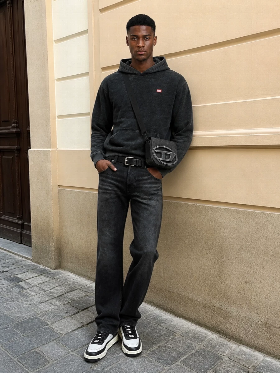 Diesel hoodie washed black jeans sneakers