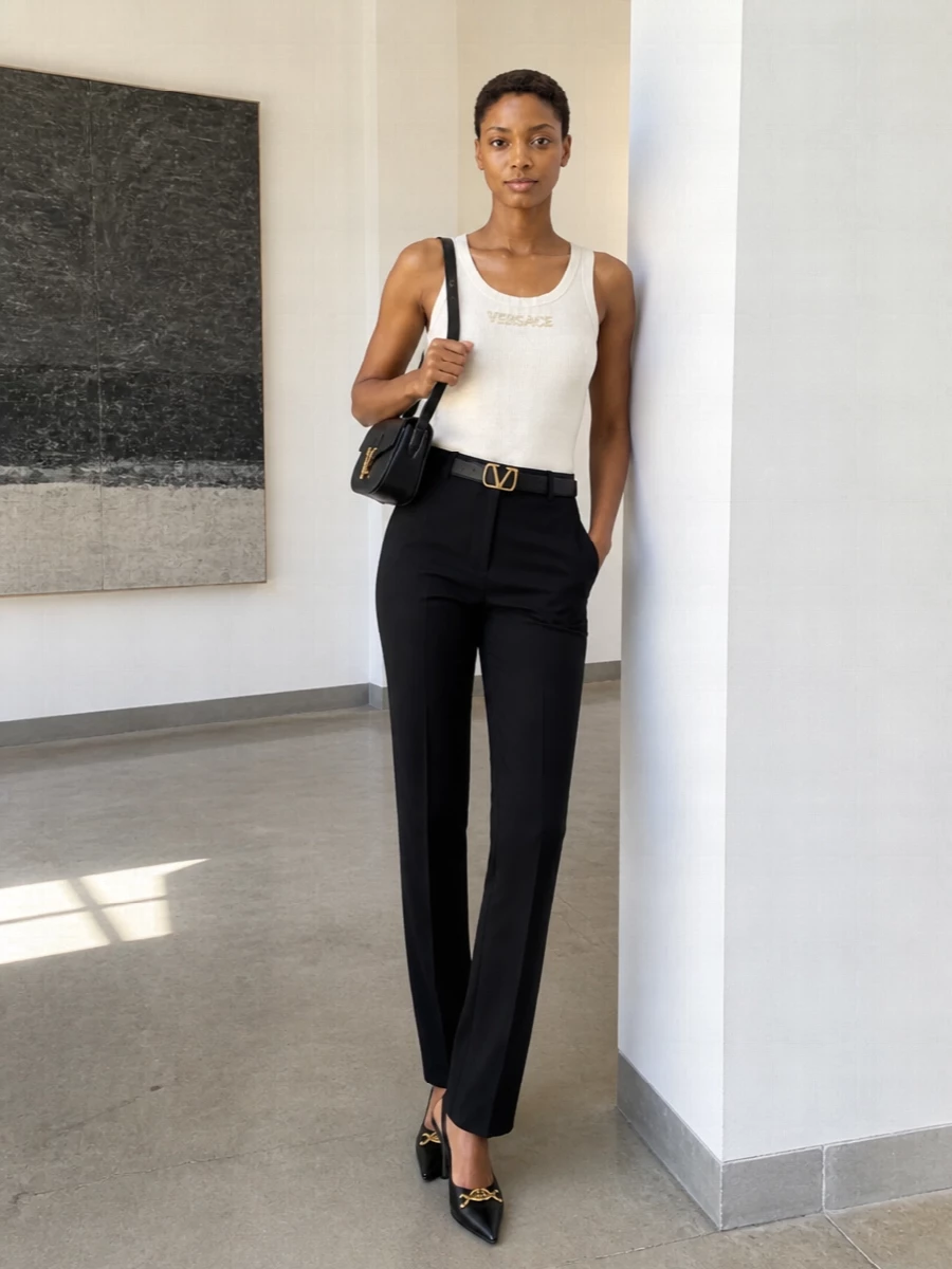 Versace ivory tank black tailored trousers outfit