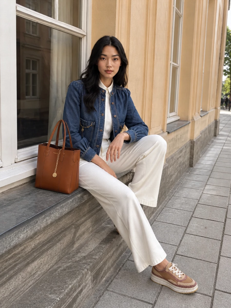 Chloe denim jacket ivory wide leg trousers outfit
