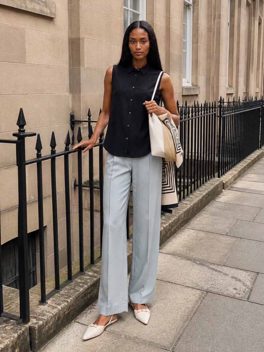 Woolrich navy shirt wide leg trousers outfit