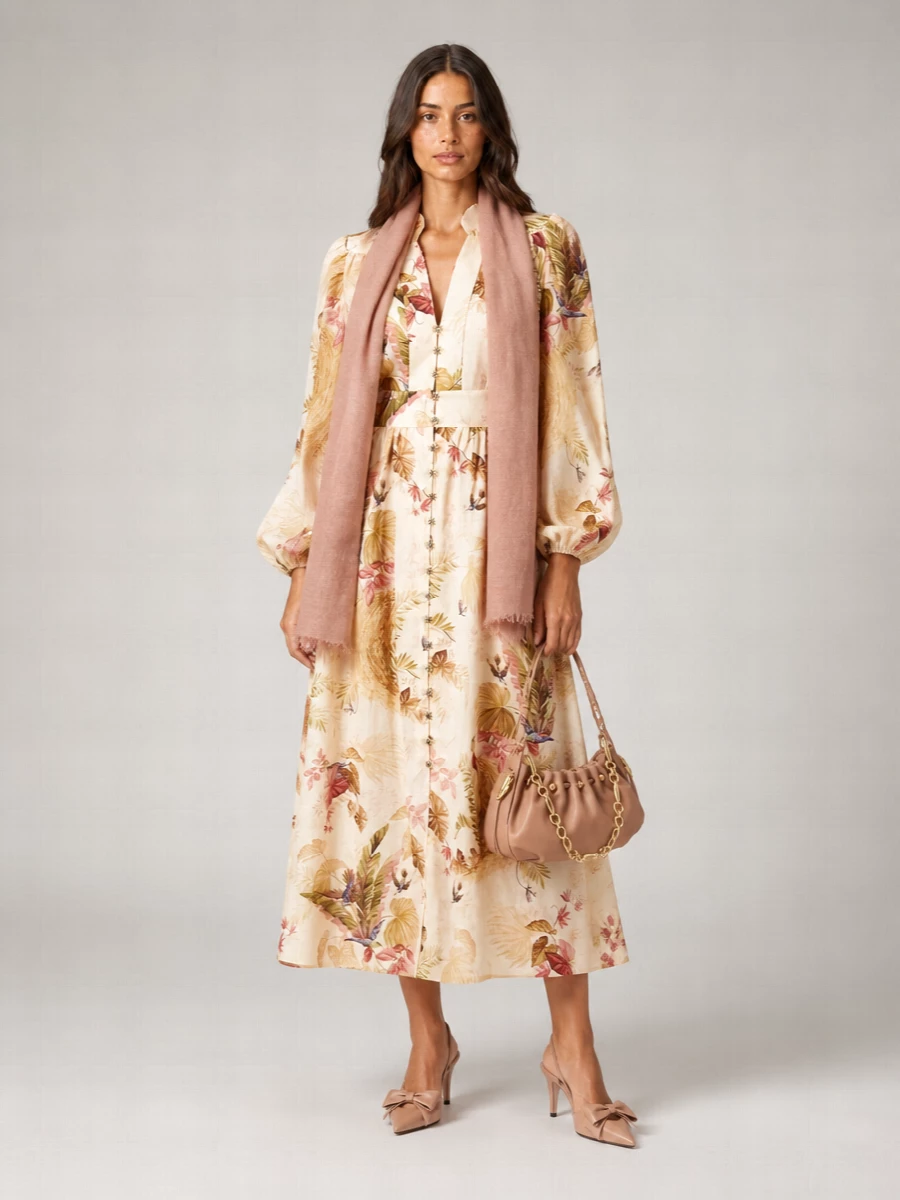 Zimmermann Linen Floral-Print V-Neck Long-Sleeve Midi Dress