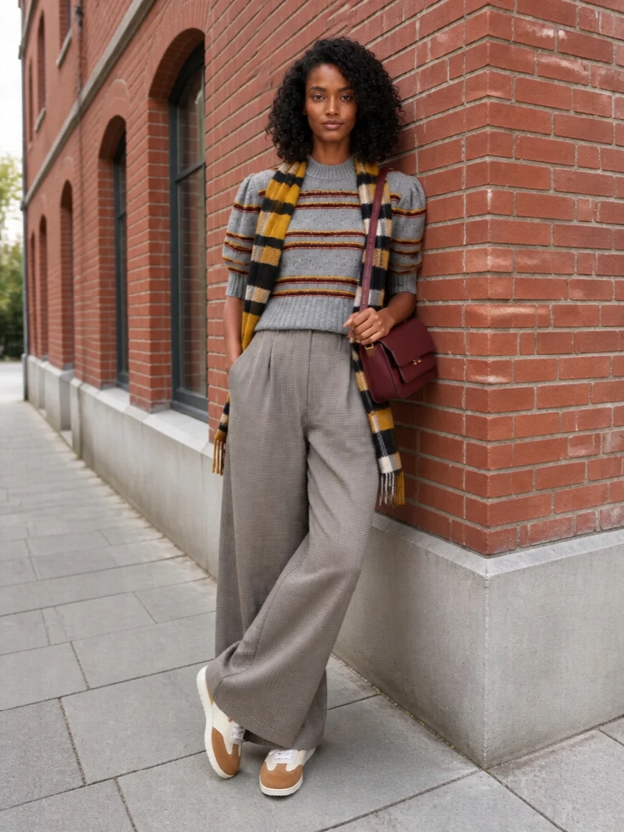 Marni’s striped puff-sleeve knit meets fluid checked tailoring for a smart, artful take on city preppy. The wide-leg trousers lengthen the line and temper the volume up top, while cream-and-camel runners keep it relaxed but intentional. A structured burgundy shoulder bag and mustard check scarf quietly echo the sweater’s stripes, tying the palette into a warm, characterful whole for cool-weather days around town.