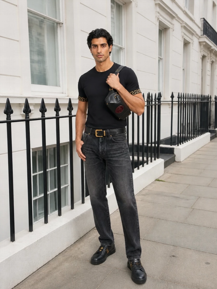 Versace black greca tee washed black jeans outfit