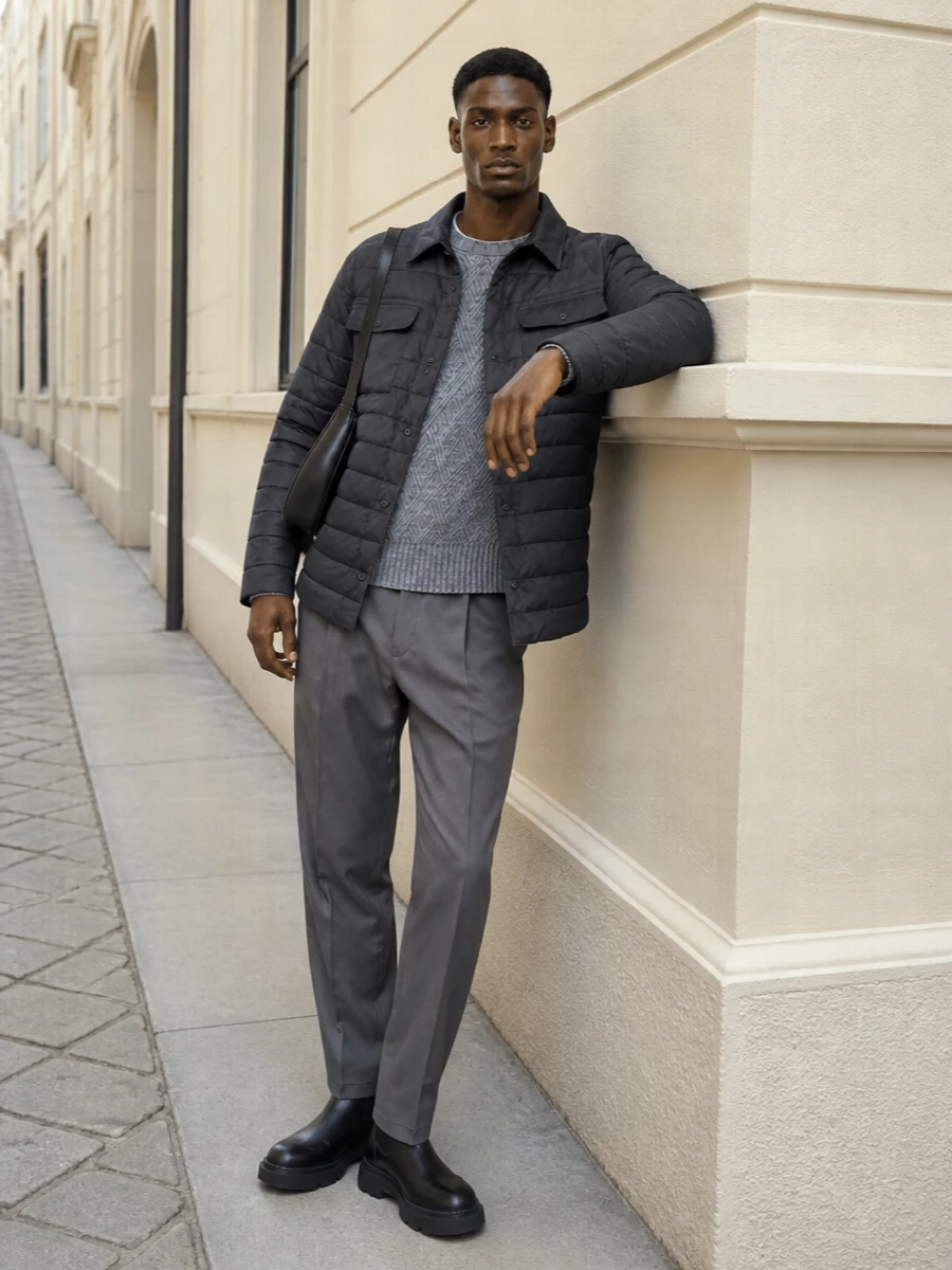Herno quilted jacket grey trousers chelsea boots