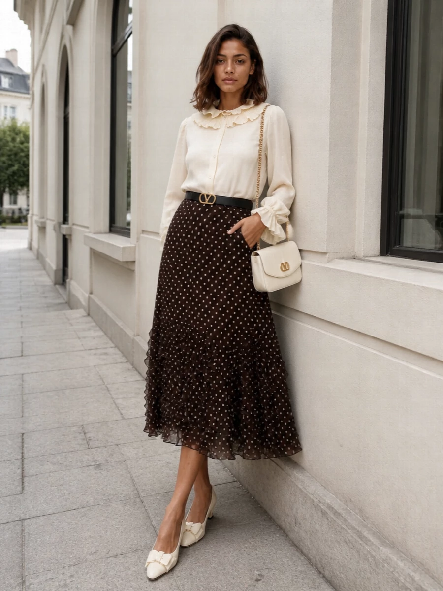 Valentino polka dot midi skirt cream blouse outfit