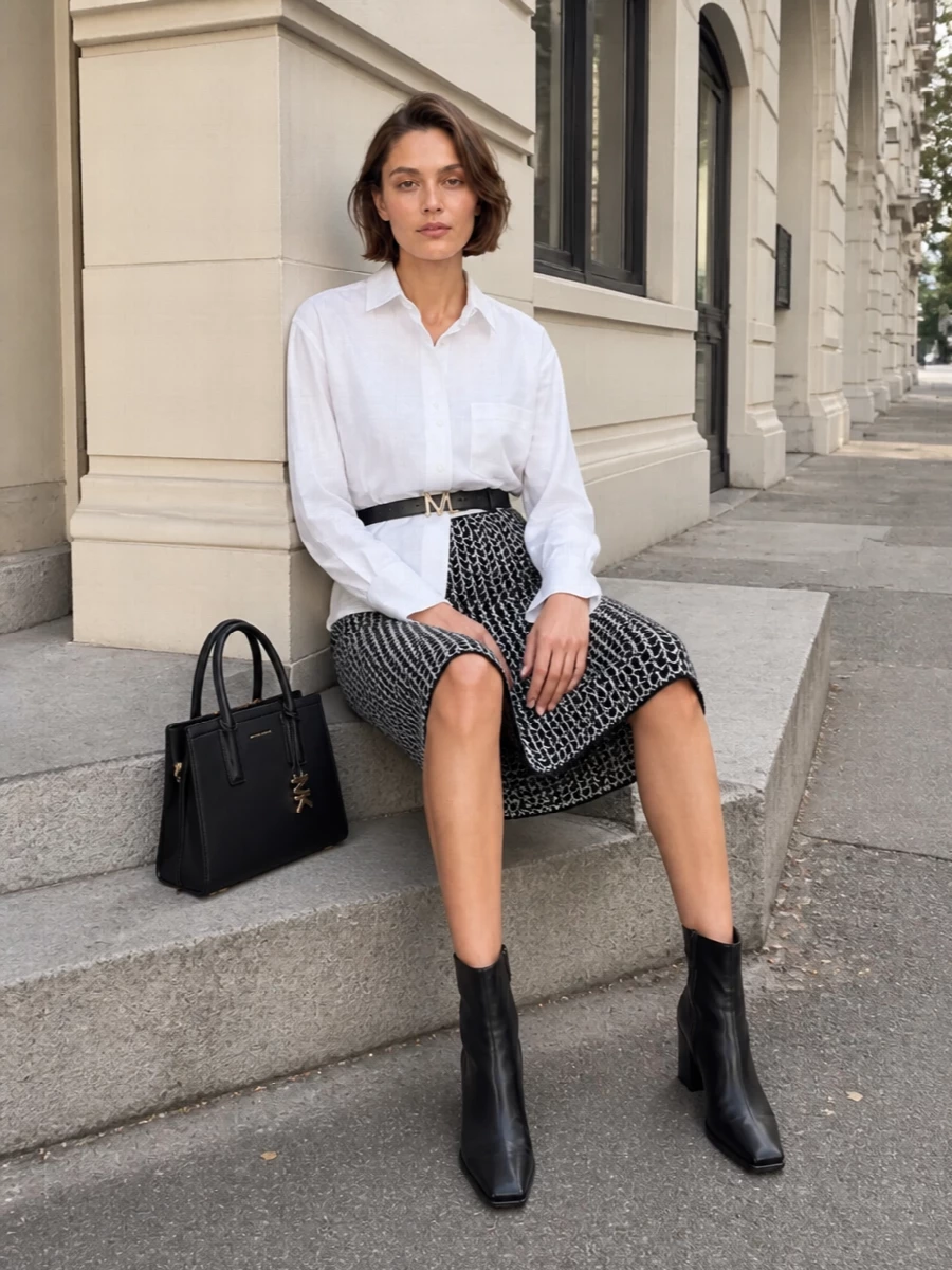 Michael kors pencil skirt white shirt ankle boots