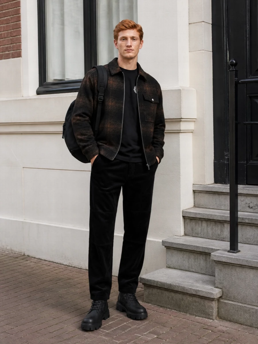 Moncler checked shirt jacket black corduroy outfit