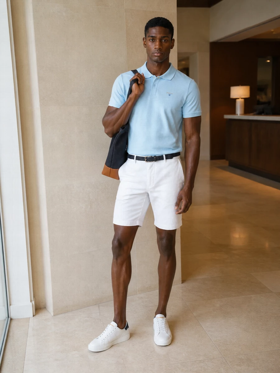 A pale blue polo with crisp white chino shorts sets a clean, preppy foundation that feels sharp without trying too hard. White leather sneakers with navy accents keep the palette tight and modern, while the indigo denim tote and braided navy belt add just enough structure and texture. It is an easy warm-weather uniform for terrace lunches, city days, or coastal weekends where you still want things neat and considered.