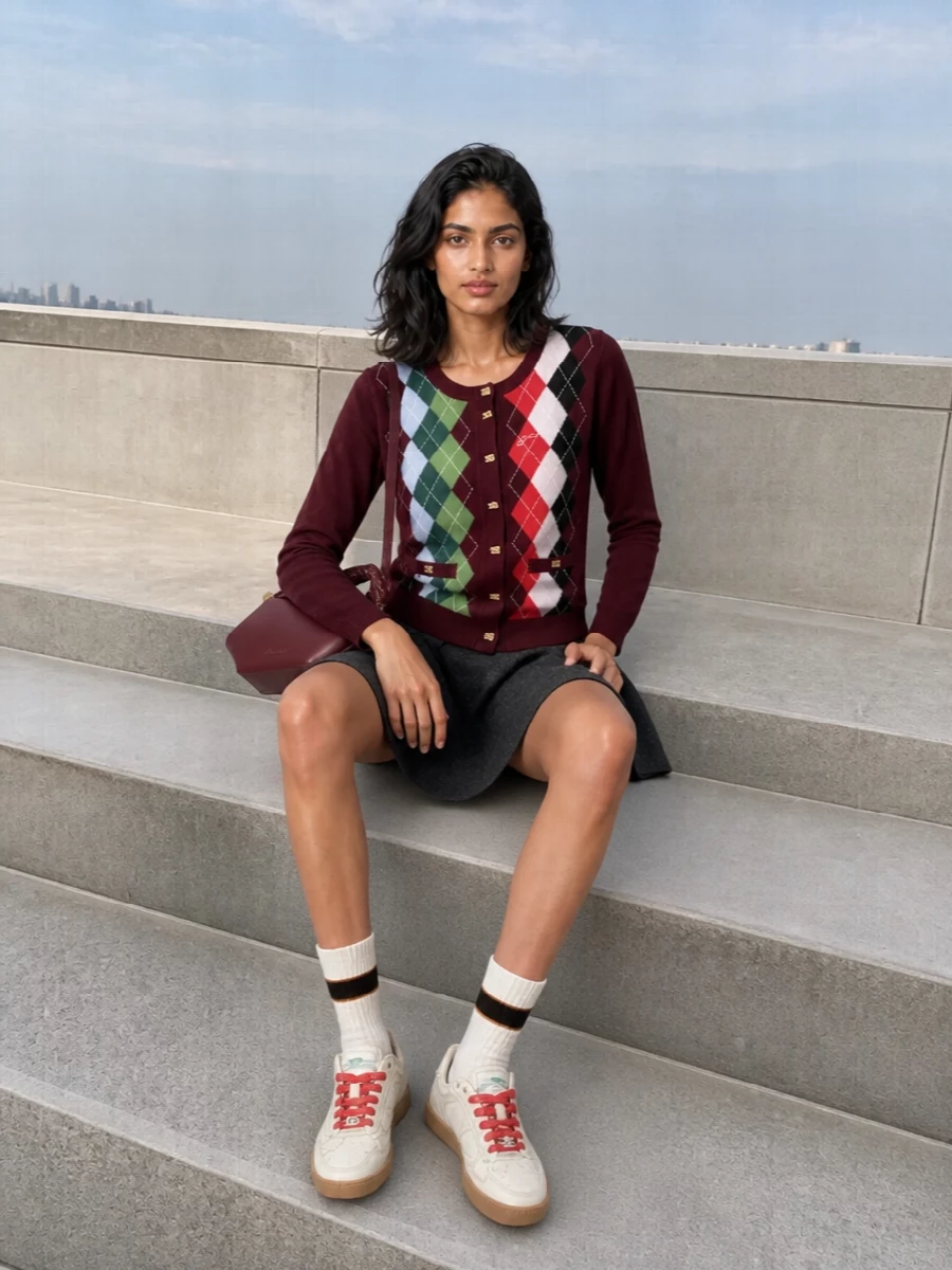 Ganni argyle cardigan mini skirt sneakers