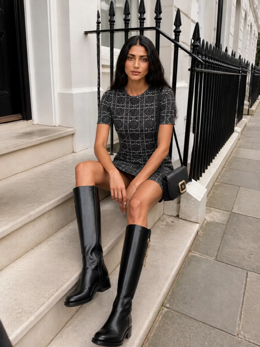Dior knit mini dress knee high boots vivier bag