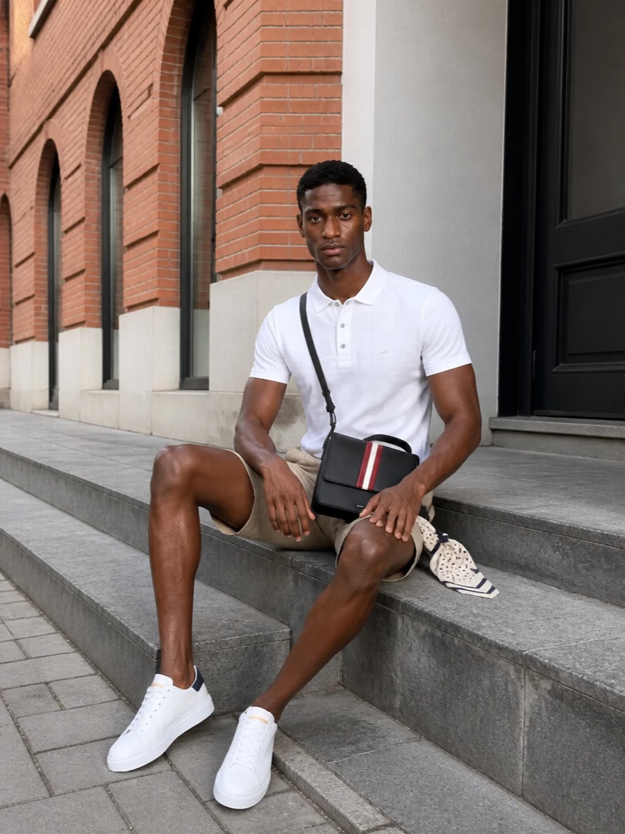 A crisp white polo sits against clean khaki chinos for a sharp, preppy take on warm weather dressing. White leather sneakers and a structured crossbody keep the lines modern and unfussy. A cream and navy scarf adds just enough pattern to feel considered without disturbing the minimalist palette.