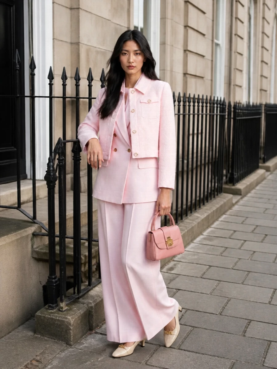 Casablanca pink cropped jacket blush wide leg trousers