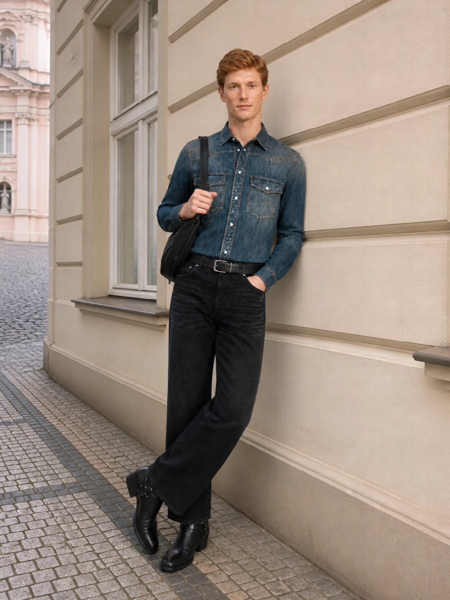 Fendi western denim shirt black wide leg jeans