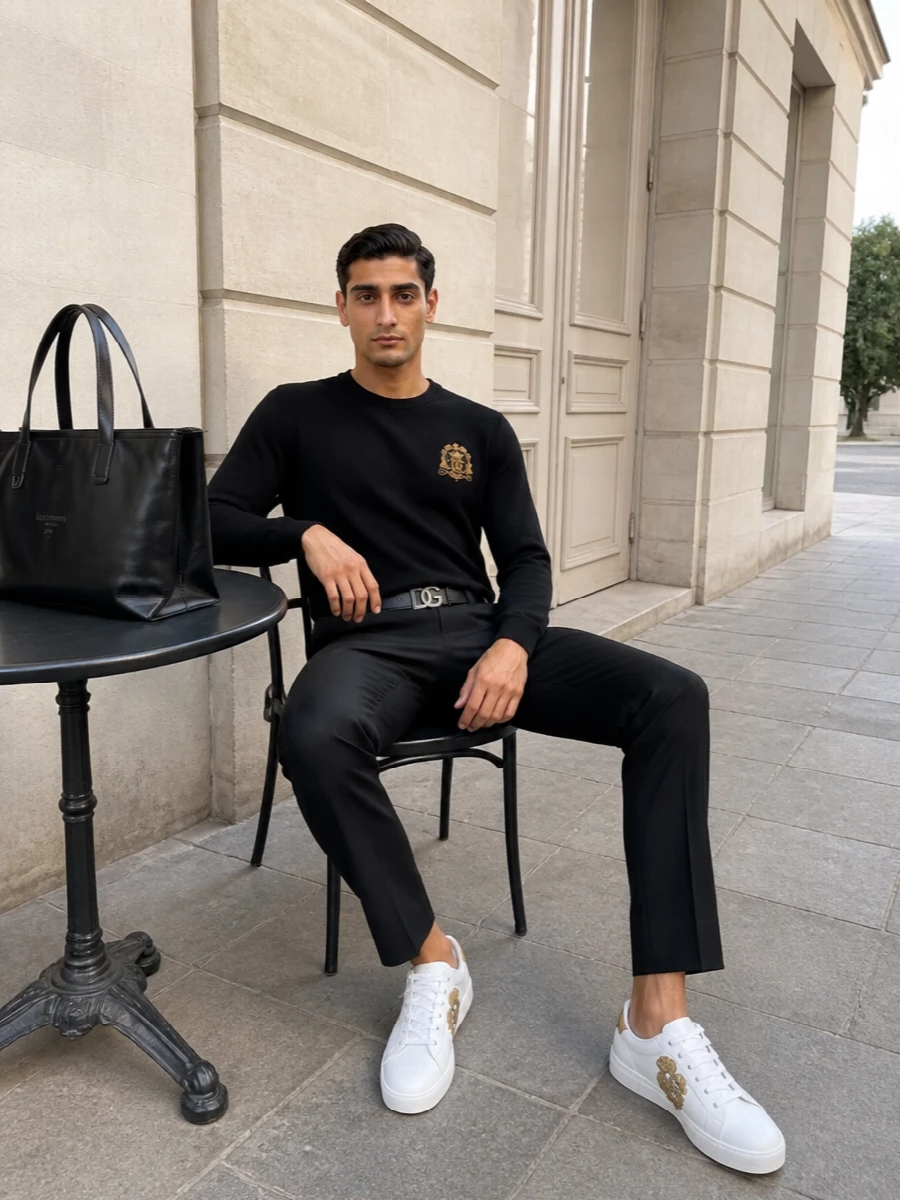 Dolce gabbana black crest sweater trouser outfit