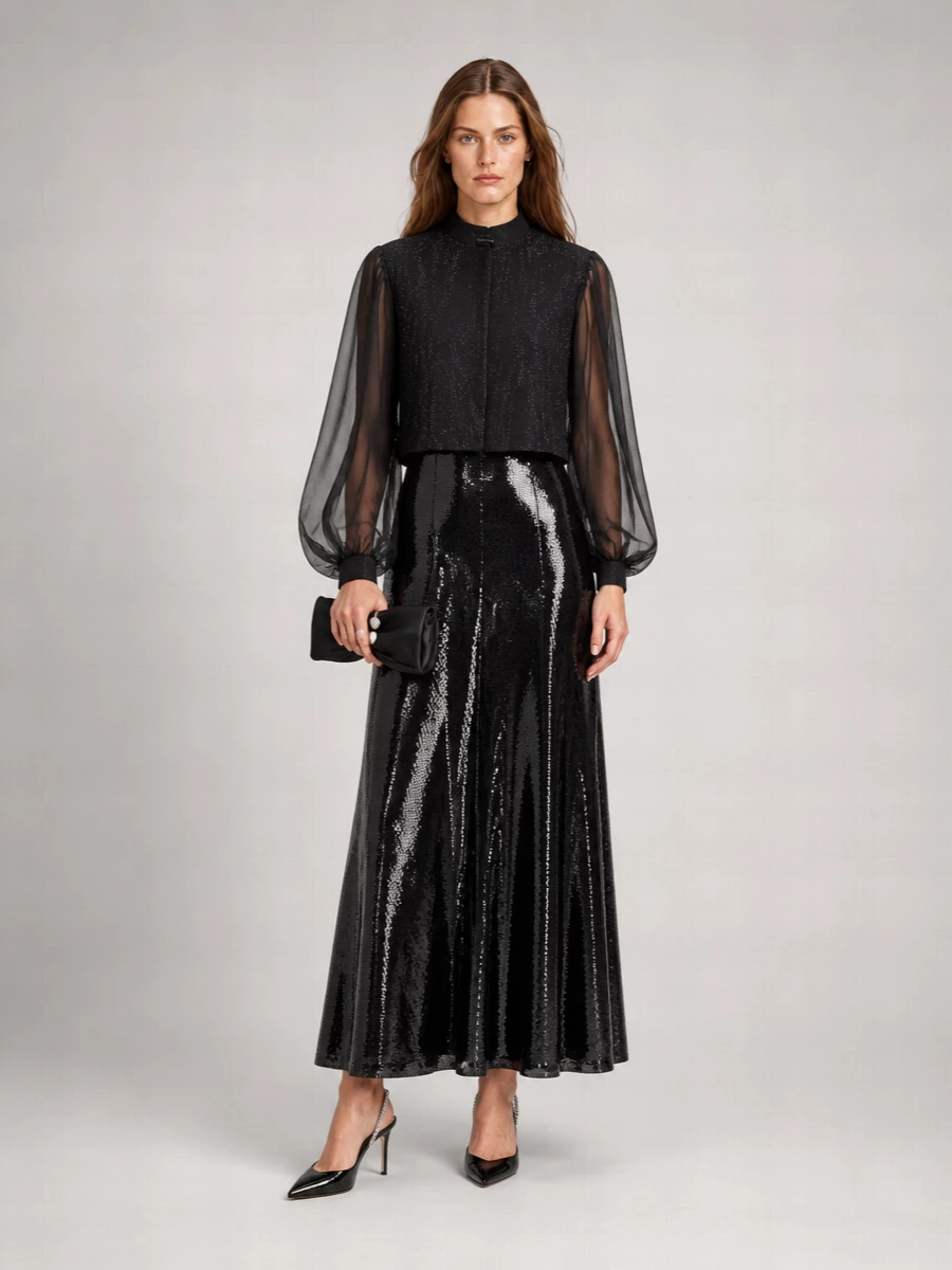 Giorgio Armani Silk Crystal-Embellished Stand-Collar Long-Sleeve Shirt