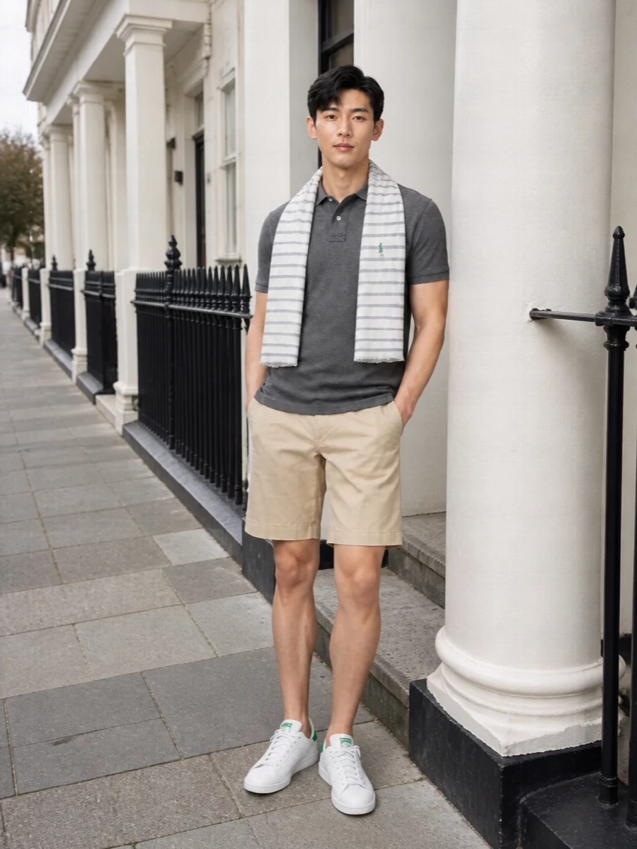 Charcoal piqué and stone chinos create a clean, collegiate base with just enough structure for coffee runs, casual Fridays or terrace dinners. White court sneakers keep the line fresh and sporty while picking up the polo’s green accent. An indigo tote and slim striped scarf add subtle color and function without breaking the quiet, minimal mood.