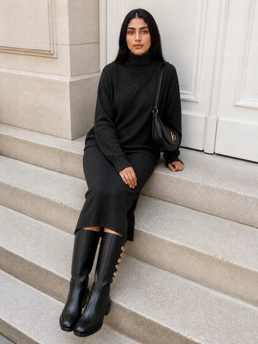 A charcoal Givenchy knit column paired with the Dior knee boot creates a long, minimal line that feels quietly polished for cold-city days and low-key dinners. The darker neutral palette keeps the gold hardware on the boot as the only shine, letting texture and proportion do the work. Choosing the dress path over tailoring keeps the silhouette clean and relaxed while still reading intentional and refined.