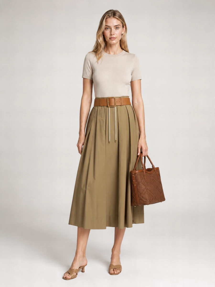 S Max Mara Cotton Long A-Line Pleated Skirt