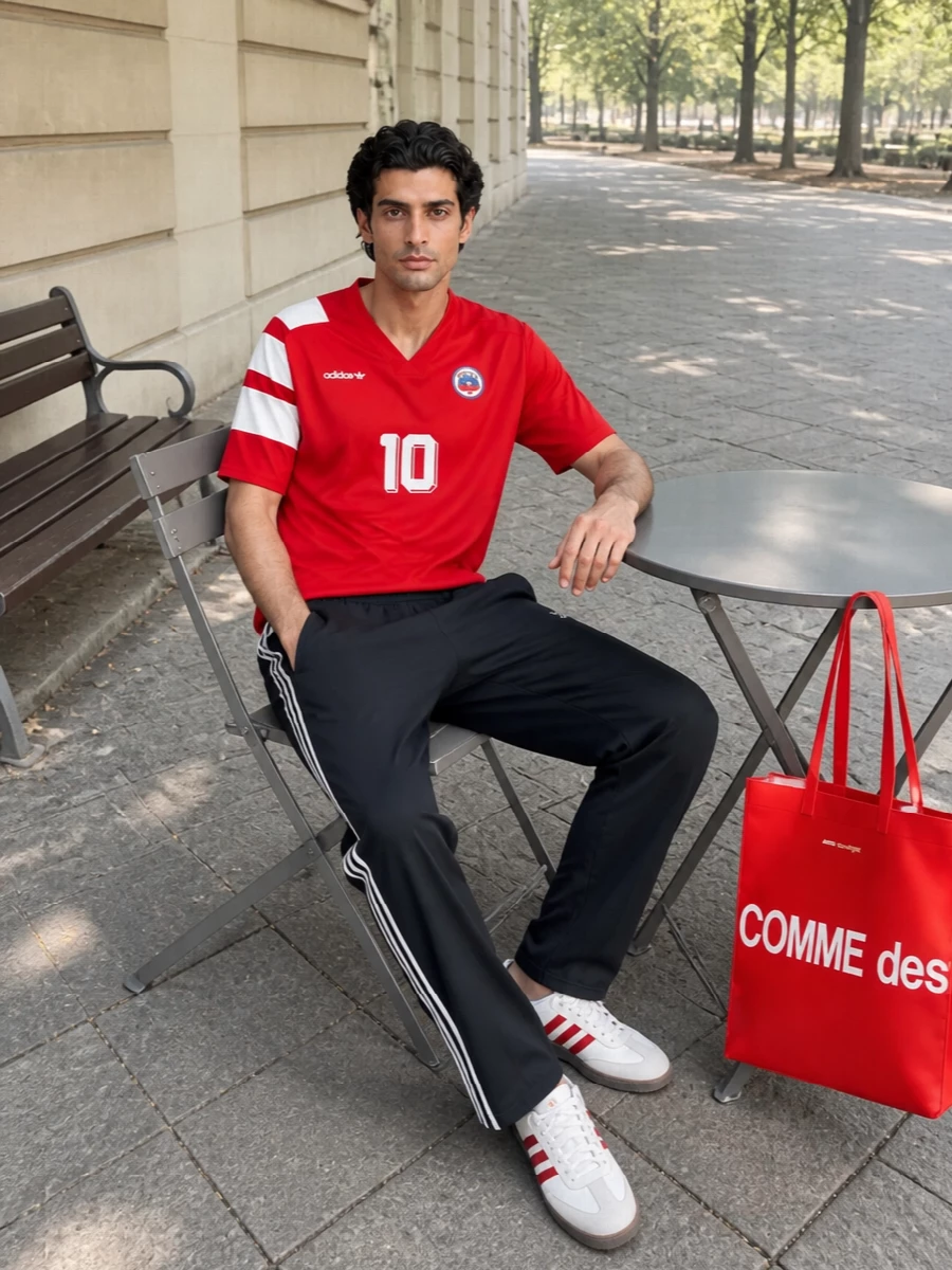 Adidas red jersey navy track pants outfit