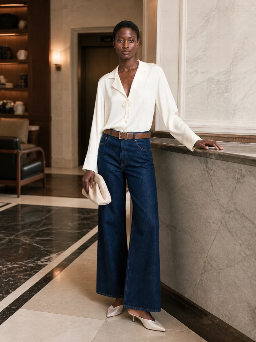 Dark indigo wide-leg denim is softened with an ivory satin blouse, creating a clean, elongated line that feels relaxed yet intentional. Metallic ivory kitten mules and a buttercream clutch pick up the sheen without shouting, while a slim camel suede belt quietly defines the waist. The result is an understated, polished ensemble that moves easily from daytime appointments to low-key dinner plans.