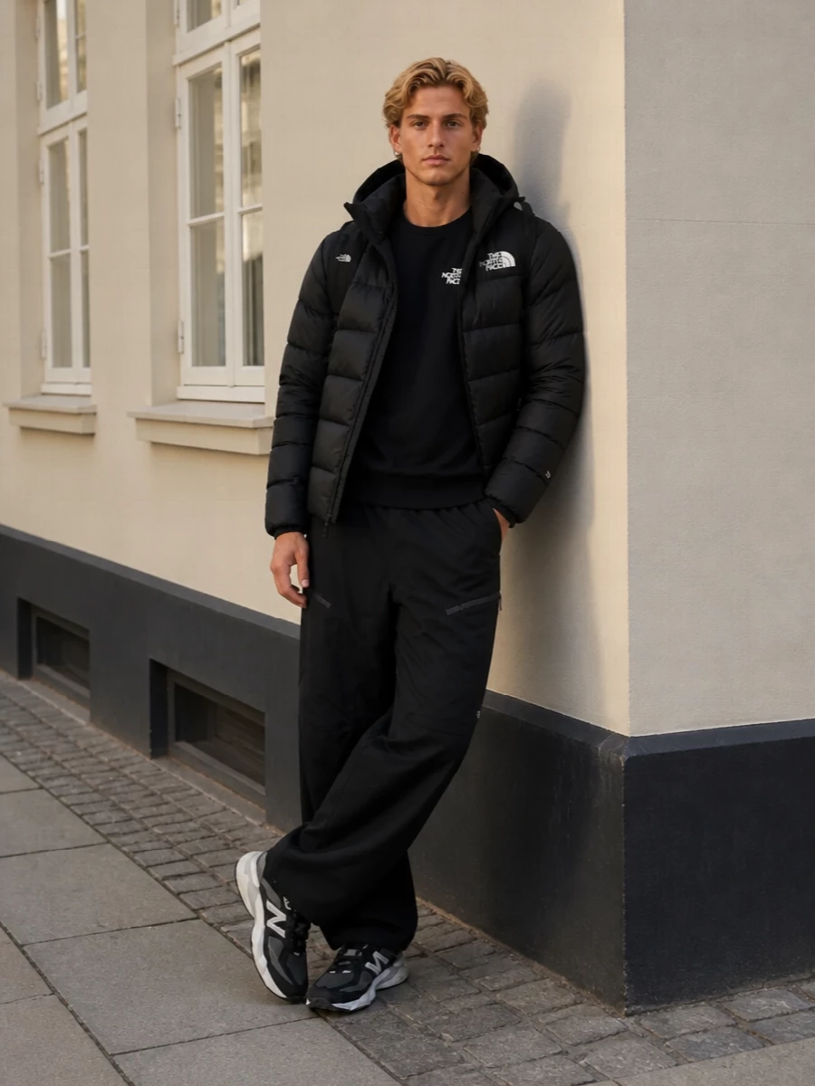 The north face black puffer wide pants outfit