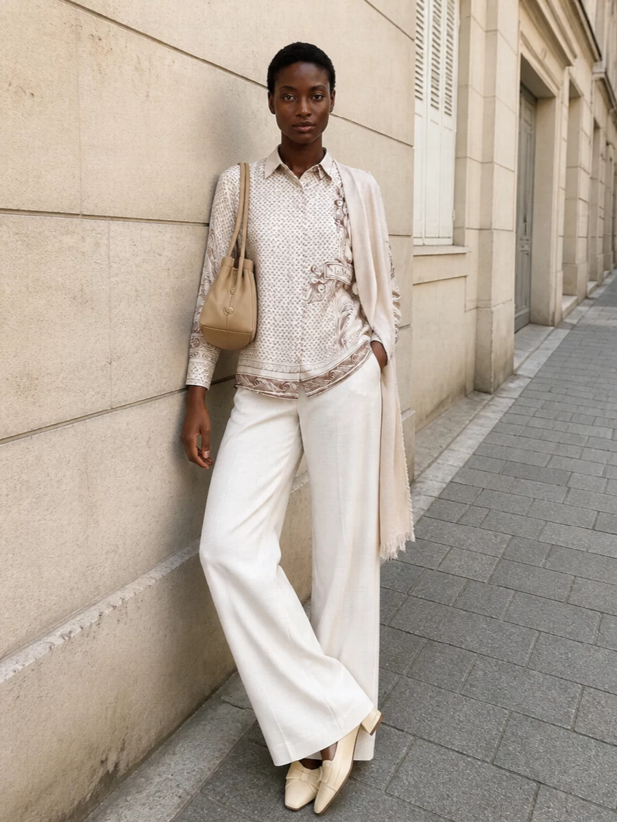 Max mara printed shirt wide leg trousers outfit