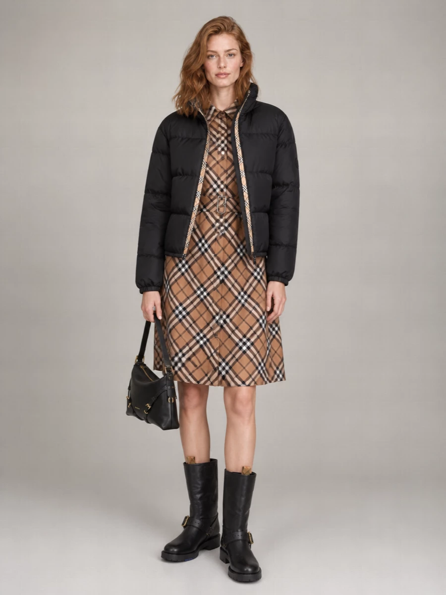 Burberry Zip Up Puffer Jacket Featuring Check Detail
