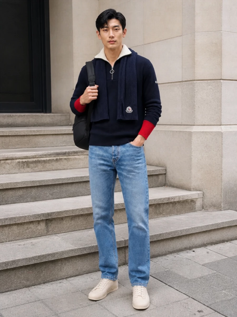 Ami half zip jeans cream sneakers