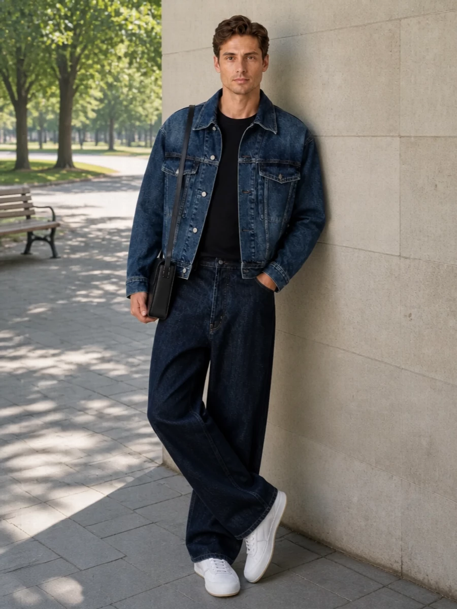 Studio nicholson denim jacket wide leg jeans outfit