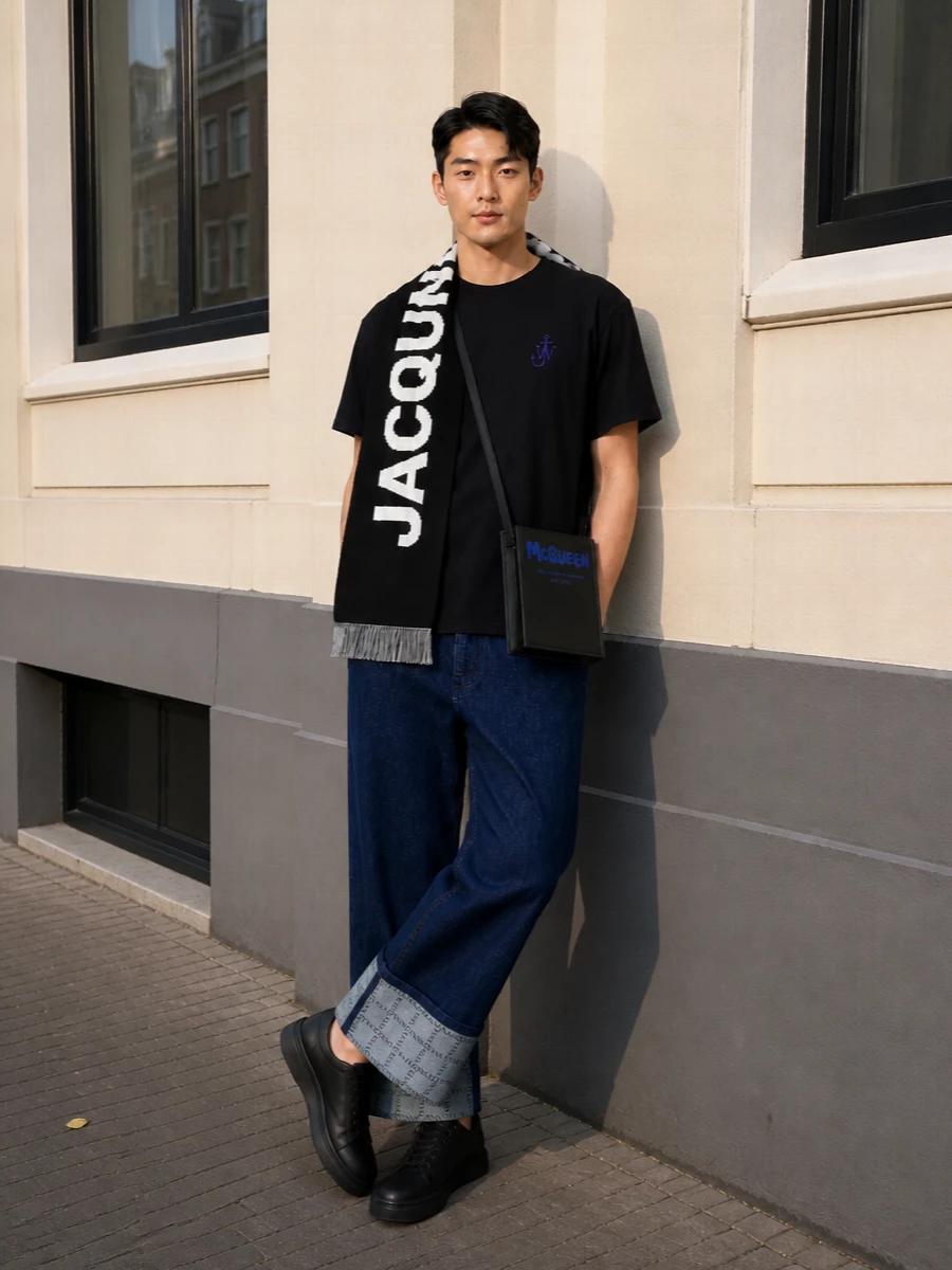 A black JW Anderson tee meets matching wide, cropped logo-cuff denim for a relaxed, directional base with real London street attitude. Chunky all-black McQueen sneakers and a slim graphic crossbody keep the proportions grounded and the palette tight, while a bold black Jacquemus scarf adds winter warmth and a clean hit of branding. The result is a considered, easy uniform that feels graphic without tipping into noise.