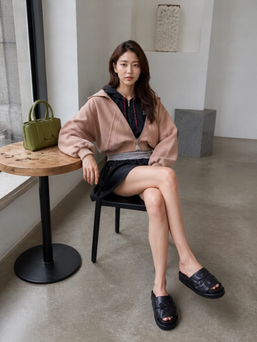 This is a street-inflected, fashion-girl off-duty set built around hooded volume and cinched waists. The Miu Miu mini carries the same sculptural, sporty energy as the blush Attico hoodie, while flat ruched mules and a sharp olive mini bag keep it city-ready and modern rather than literal athleisure.