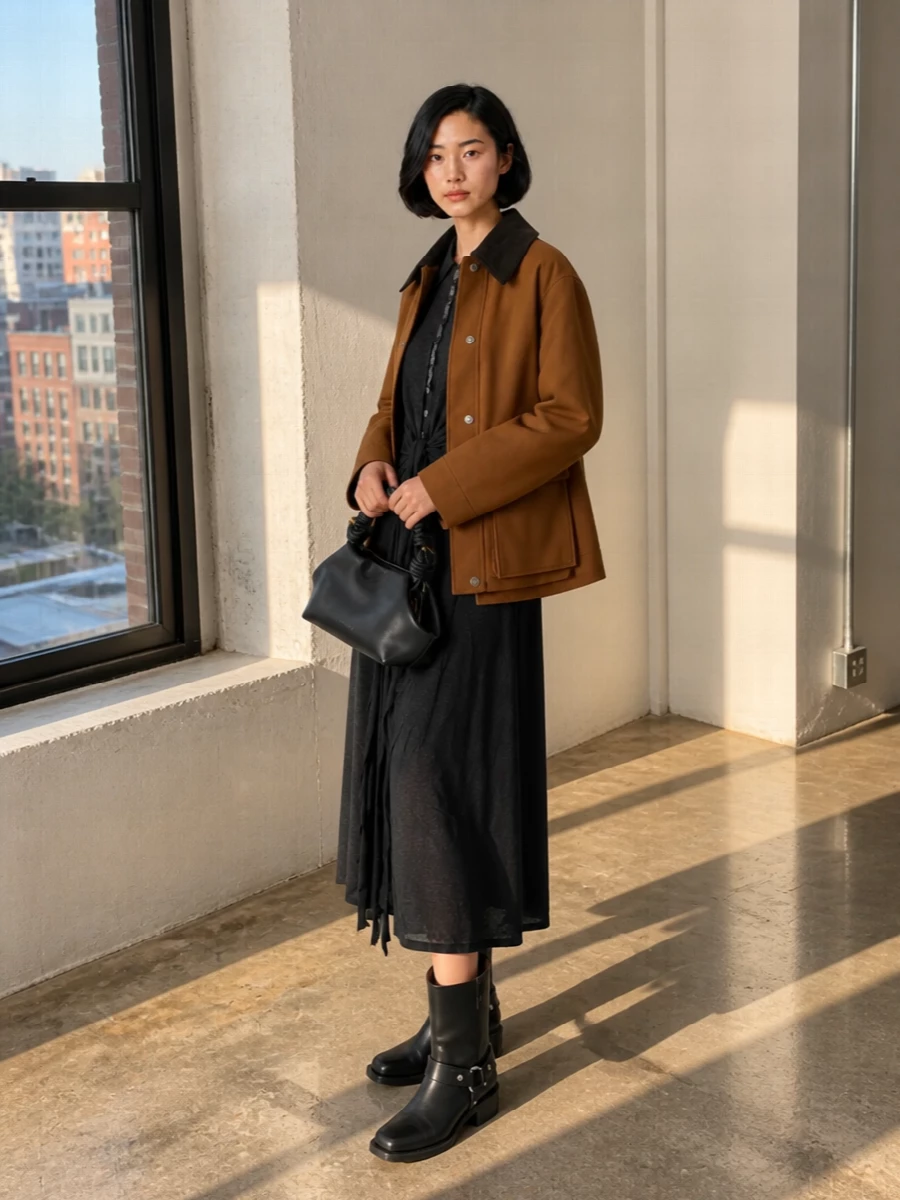 Ganni camel field jacket charcoal shirt dress