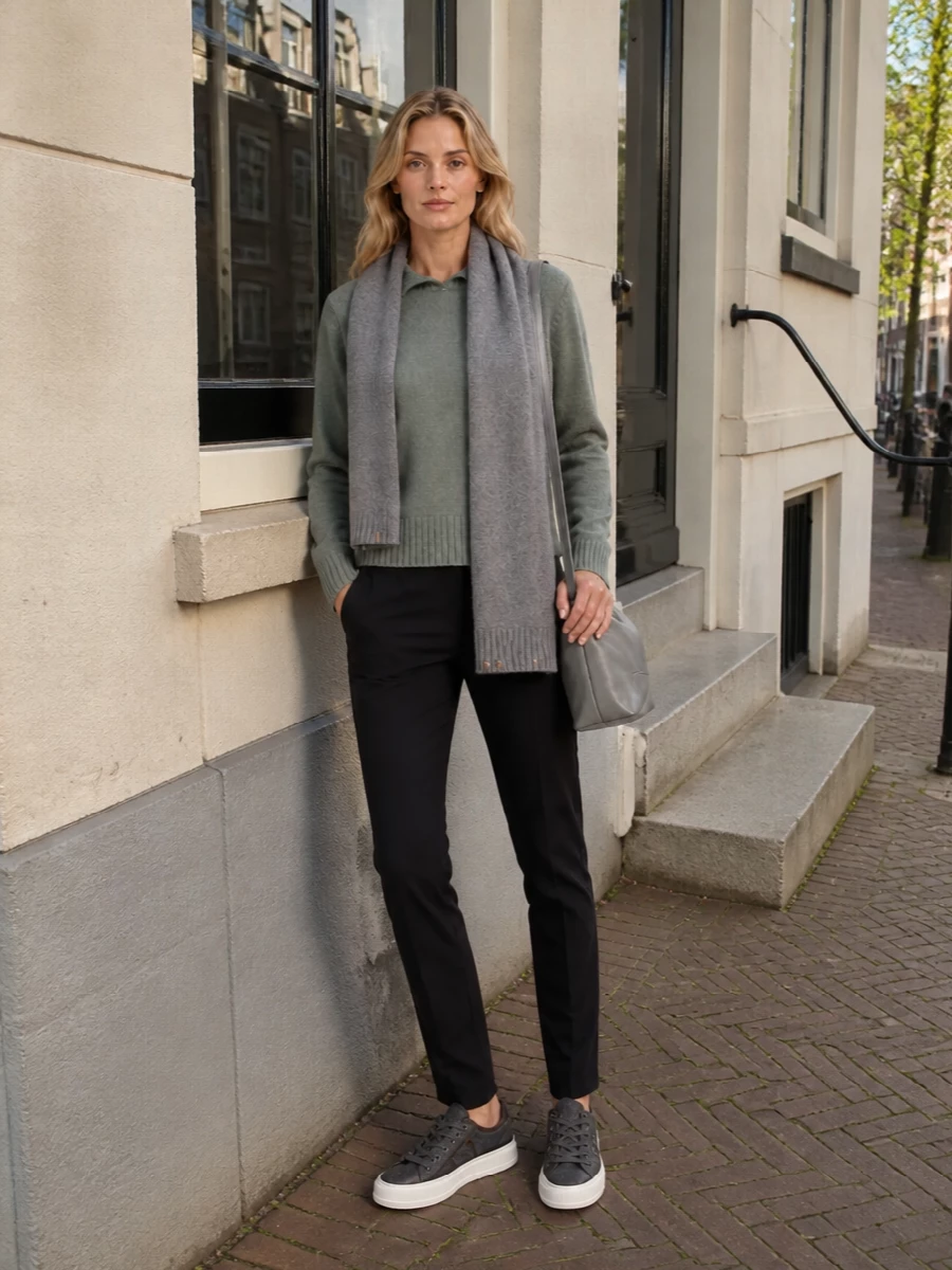 Extreme cashmere sweater black trousers sneakers
