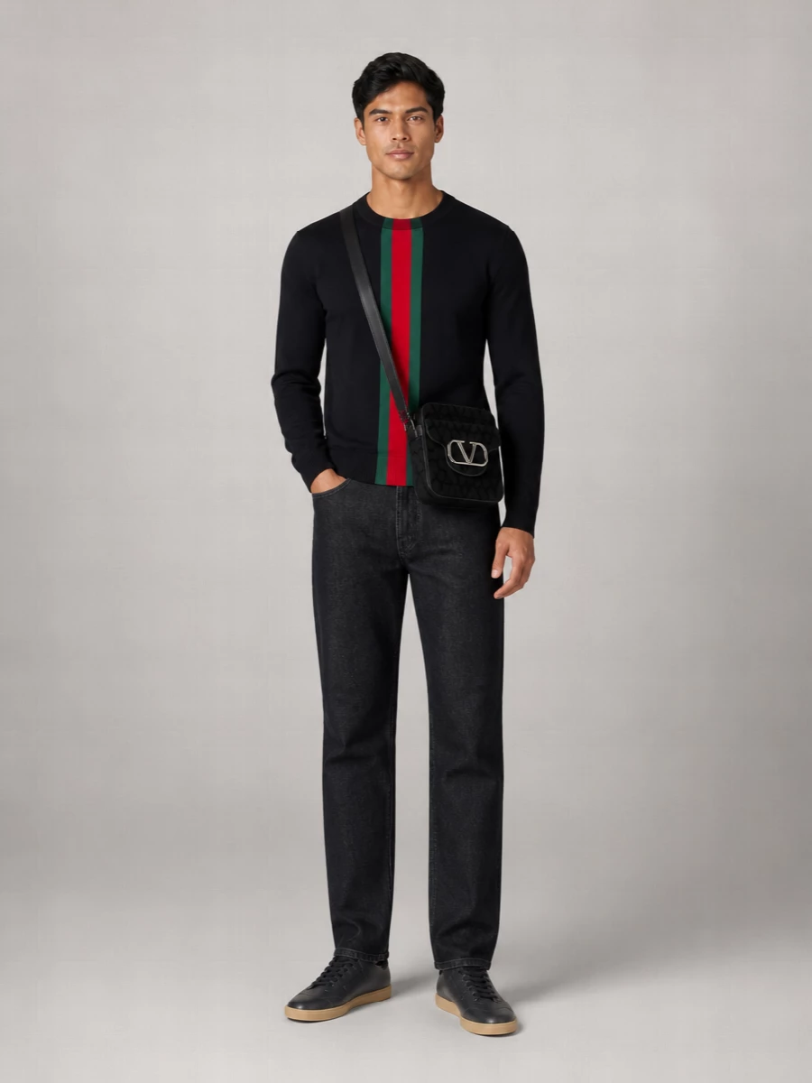 A Gucci stripe knit sits over sharp charcoal Fendi trousers for a mix of preppy color and quiet structure. Charcoal Zegna sneakers keep the palette deep and unified, so the sweater does the talking while the Valentino crossbody adds a subtle, tactile note of luxury. It is relaxed enough for weekend city dressing but polished enough for low-key dinners or travel days.