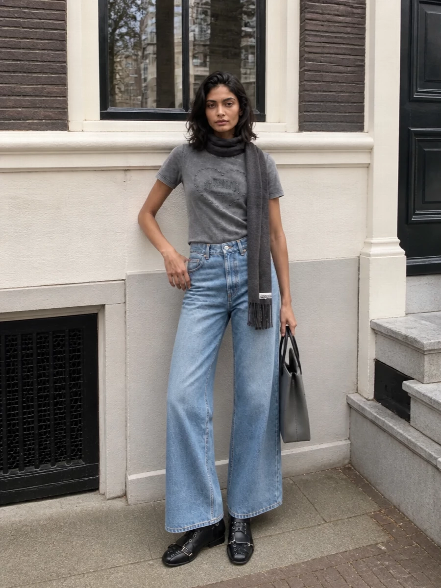 Ganni washed heart tee wide leg jeans outfit