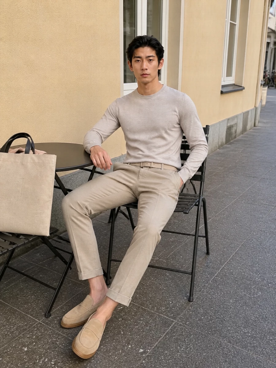 Stone chinos with a tonal taupe knit create a soft, monochrome column that feels precise yet relaxed. Sand suede loafers and a light beige belt keep everything in the same warm, neutral family, so the line stays long and uninterrupted. A structured natural-canvas tote adds a calm, intelligent finish that still reads easy for city days or casual dinners.