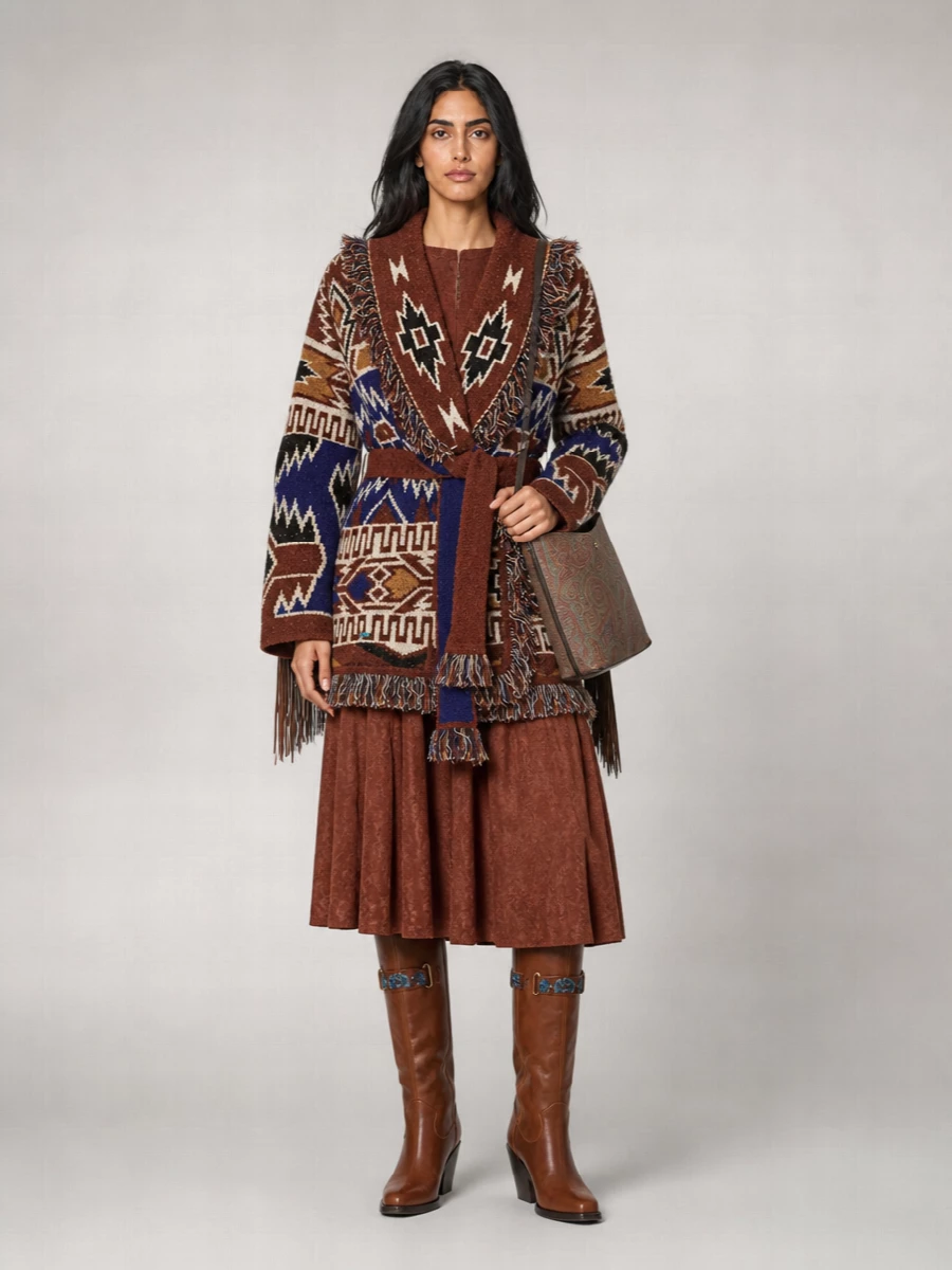 Alanui Wool Oversized Fringed Jacquard Cardigan