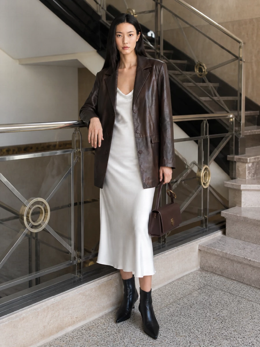 Rotate leather blazer satin slip dress outfit